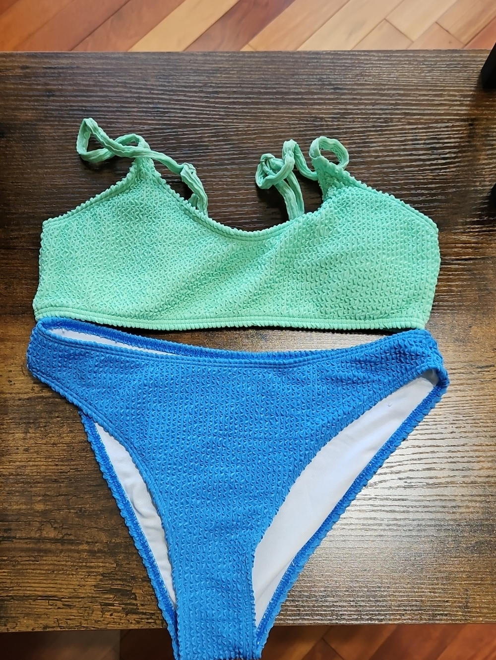 Textured Two-Piece Bikini Set in Mint Green & Cobalt Blue